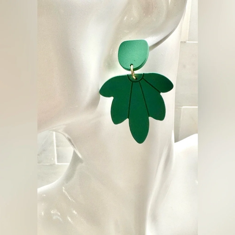 New Green Tropical Leaves Retro 80s Style Matte Finish Dangle Earrings - 2”